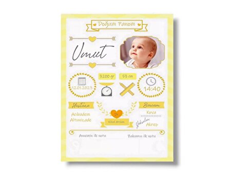 Bebeloya Sarı Zeminli Doğum Panosu unisex, kız ve erkek bebek tablosu, bebek doğum hediyesi