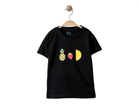 Alme Siyah Mini Ananas Çilek Limon Baskılı Kız Tshirt-12 Aylık