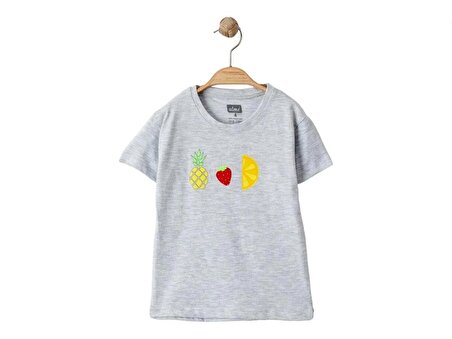 Alme Mini Gri Renk Ananas Çilek Limon Baskılı Kız Tshirt-12 Aylık