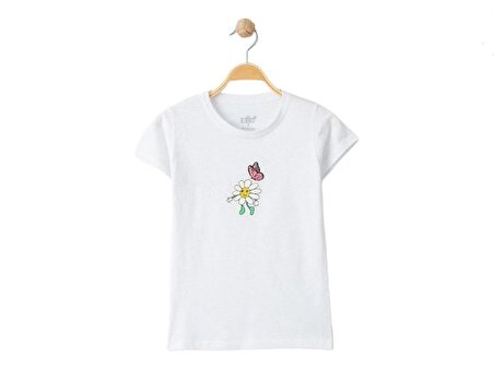 Essu Kız Çocuk Beyaz Papatya Kelebek Baskılı Tshirt-3 Yaş