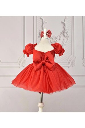 Kız Çocuk Kırmızı Parıltılı Kalp Detaylı Balon Kol Elbise