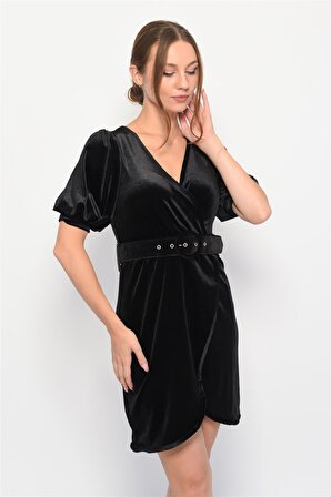 Kadife Kruvaze Yaka Kısa Balon Kol Mini Elbise Siyah