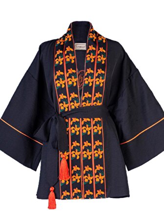 Siyah Çiçek Nakışlı Kimono Şort Takım