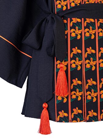 Siyah Çiçek Nakışlı Kimono Şort Takım