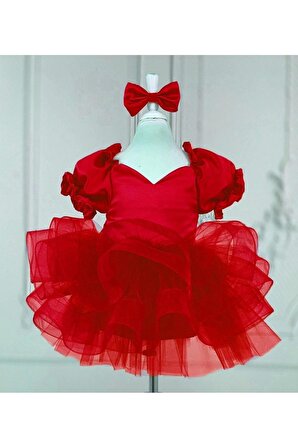 Kız Çocuk Kırmızı Saten Kalp Detaylı Prenses Kol Grenli Kabarık Elbise