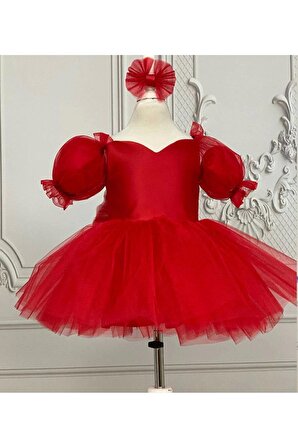 Kız Çocuk Kırmızı Balon Kısa Kol Elbise Abiye