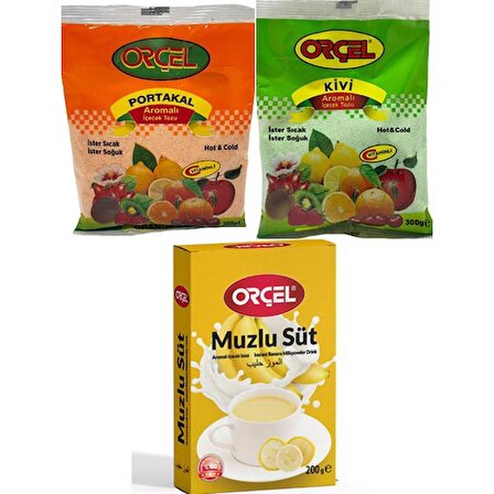 Orçel Muzlu Süt 200gr. + Orçel Kivi 300gr. + Orçel Portakal 300gr. Aromalı İçecek Tozu Oralet Çay