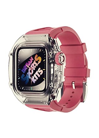 Apple Watch Uyumlu 45mm Rugged Şeffaf Kasa Profesyonel Koruyucu ve Silikon Kordon Gül Kurusu