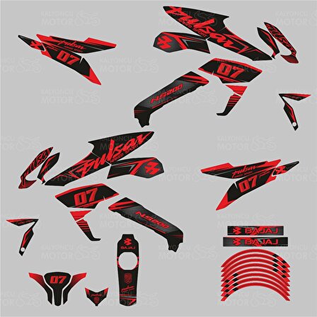 Bajaj Pulsar 200 NS Naked Sport Design Sticker Set Siyah - Kırmızı