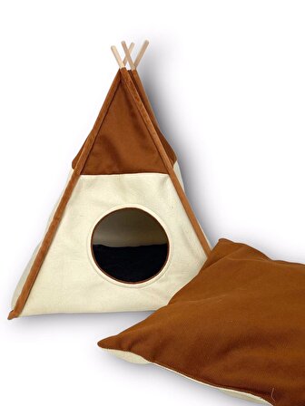 Kemique Üstü Kapalı Çadırlı Kahverengi - Krem Küçük Irk Köpek Yatağı