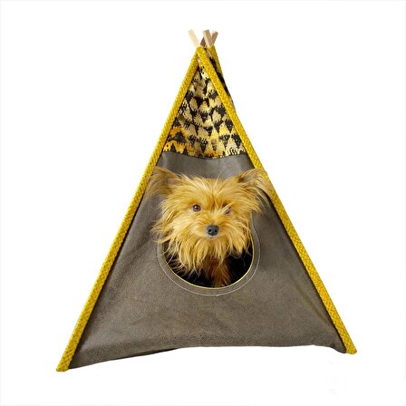 Kemique Üstü Kapalı Çadırlı Antrasit - Sarı Küçük Irk Köpek Yatağı