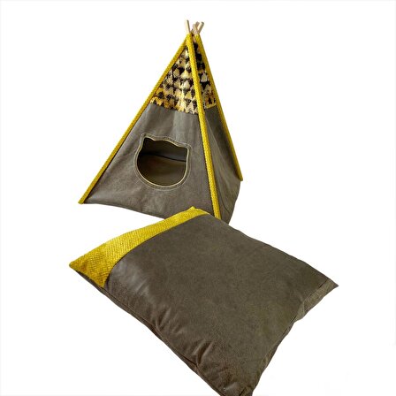 Kemique Üstü Kapalı Çadırlı Antrasit - Sarı Küçük Irk Köpek Yatağı