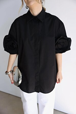 Kadın Siyah Kolları Gül Detaylı Premium Gömlek