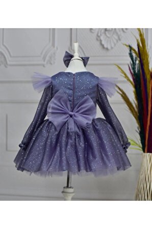 Kız Çocuk Koyu Lila Damlacıklı Parıltılı Kol Tüy Detaylı Kabarık Elbise