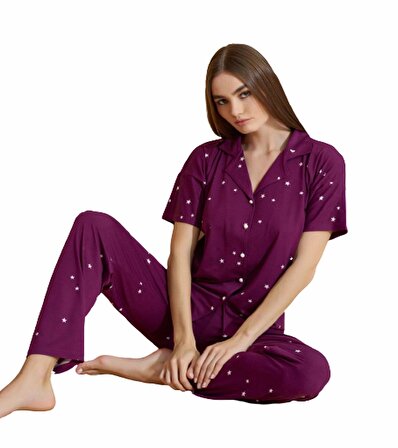 Pijamoni Kadın Kısa Kol Boydan Düğmeli Pijama Takımı - 7515-18