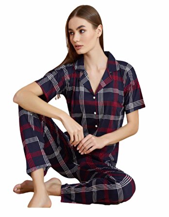 Pijamoni Kadın Kısa Kol Boydan Düğmeli Pijama Takımı - 7515-23