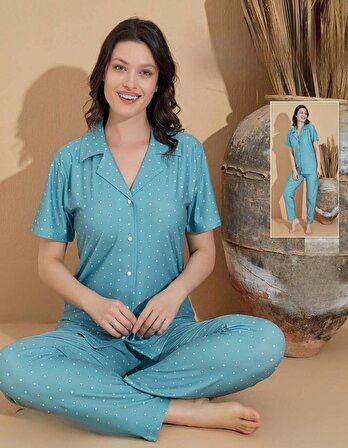 Boyraz Kadın Milan Boydan Düğmeli Kısa Kol Su Yeşili İnce Pijama Takımı 11034 - 1 Adet
