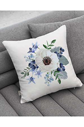 Beyaz Mavi Çiçek Desenli 6'lı Dijital Baskılı Kırlent - Yastık Kılıf Seti