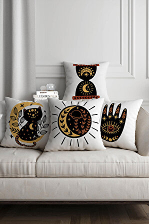 Siyah ve Sarı Renkli Ay ve Kedi Desenli Koltukla Uyumlu Dekoratif 4lü Kırlent - Yastık Kılıfı Seti