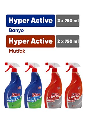 Hyper Active Mutfak Temizleyici Sprey 2 x 750 ml + Banyo Temizleyici Sprey 2 x 750 ml