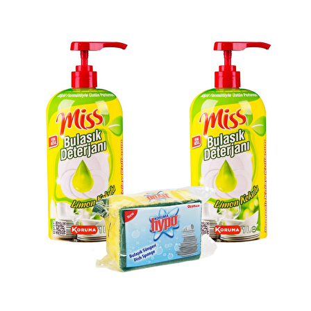 Miss Limonlu Sıvı Elde Yıkama Deterjanı 2 x 1 lt + Bulaşık Süngeri