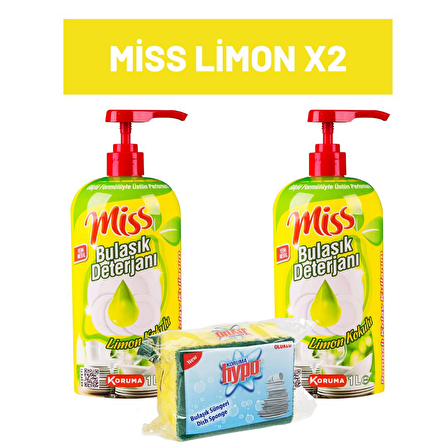 Miss Limonlu Sıvı Elde Yıkama Deterjanı 2 x 1 lt + Bulaşık Süngeri