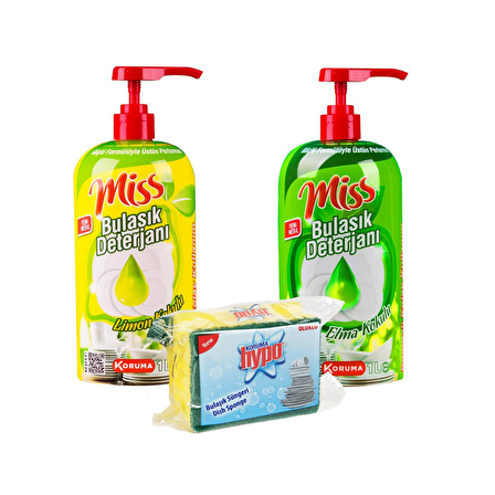 Miss Elmalı & Limonlu Sıvı Elde Yıkama Deterjanı 2 x 1 lt + Bulaşık Süngeri