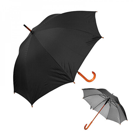 8 Telli Baston Otomatik Şemsiye Ahşap Saplı Şık Gösterişli Siyah