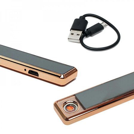 Kritik Ticaret Slim Şarjlı Metal Çakmak Şarjlı USB Dokunmatik Siyah Elektronik Çakmak Siyah Renk Altın Sarısı Çizgiler