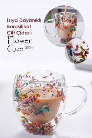 Isıya Dayanıklı Borosilikat Çift Çidarlı Flower Cup Çiçekli Bardak Çiçekli Kahve Sunum Bardağı 250ml