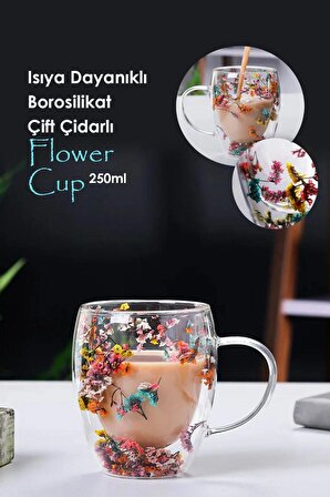 Isıya Dayanıklı Borosilikat Çift Çidarlı Flower Cup Çiçekli Bardak Çiçekli Kahve Sunum Bardağı 250ml
