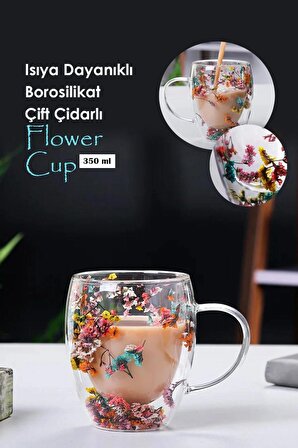  Büyük Isıya Dayanıklı Borosilikat Çift Çidarlı Flower Cup Çiçekli Bardak Çiçekli Kahve Kupa 35OML