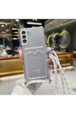 Samsung Galaxy S22 Şeffaf Kartlıklı Boyun Askılı Ipli Kılıf