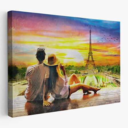 Paris Eyfel Kulesini Seyreden Romantik Çift Kanvas Tablo-3627