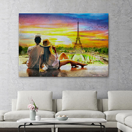 Paris Eyfel Kulesini Seyreden Romantik Çift Kanvas Tablo-3627