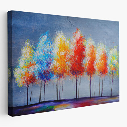Renkli Ağaçlar Yağlıboya Görünüm Dekoratif Kanvas Duvar Tablosu-3656