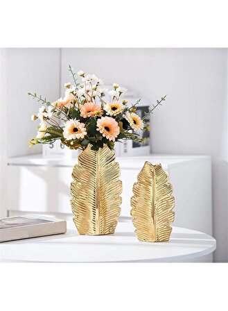 Yeni 2'li Dekoratif  metalik altın Yaprak Vazo Seti