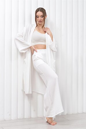 Kadın Keten Cepli Kuşaklı Uzun Kimono Beyaz