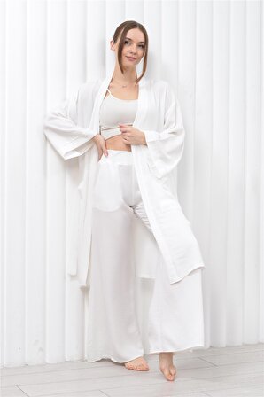 Kadın Keten Cepli Kuşaklı Uzun Kimono Beyaz