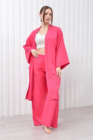 Kadın Keten Cepli Kuşaklı Uzun Kimono Pembe
