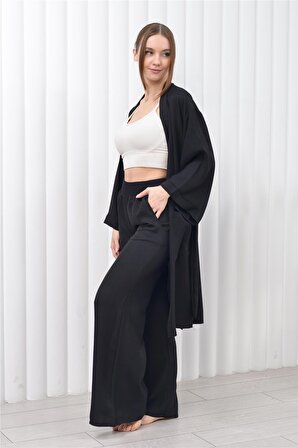Kadın Keten Cepli Kuşaklı Uzun Kimono Siyah