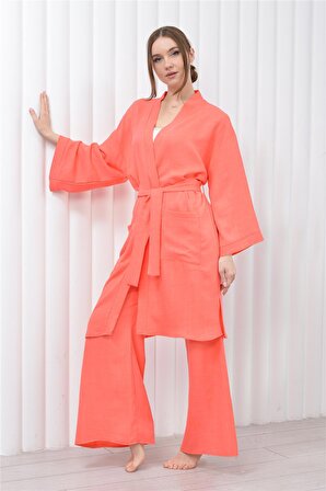 Kadın Keten Cepli Kuşaklı Uzun Kimono Somon