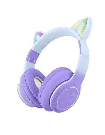 KT-M16 Sevimli Kedi Kulaklı Led Işıklı Kablosuz Kulaküstü Bluetooth Kulaklık LİLA