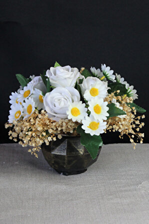 Çiçek Taş Beyaz Saksı 6 Adet Pembe Yapay Gül