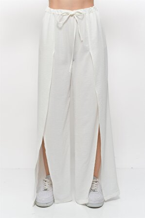Kadın Keten Kumaş Önden Yırtmaçlı Beli Lastikli Bol Kalıp Pantolon Beyaz