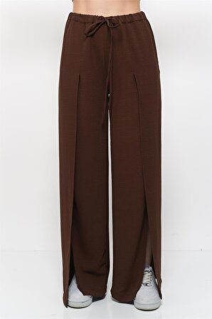 Kadın Keten Kumaş Önden Yırtmaçlı Beli Lastikli Bol Kalıp Pantolon Kahverengi