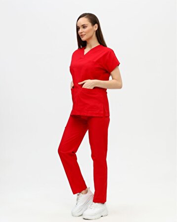 Kırmızı Likralı Doktor Hemşire Cerrahi Scrubs Kadın Forma Takımı