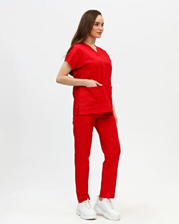 Kırmızı Likralı Doktor Hemşire Cerrahi Scrubs Kadın Forma Takımı