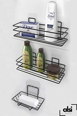 3'lü Banyo Seti Yapışkanlı Paslanmaz Banyo Sabunluk Duşakabin Rafı Şampuanlık Banyo Düzenleyici Set