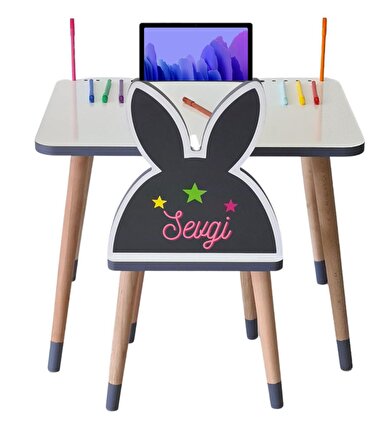 Çocuk Masa Sandalye Takımı Oyun Aktivite Masası (gri Tavşanlı )